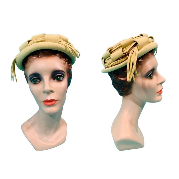 Vintage 1950s Sequin Beret Hat Tan Round Cap - Picture 1 of 10